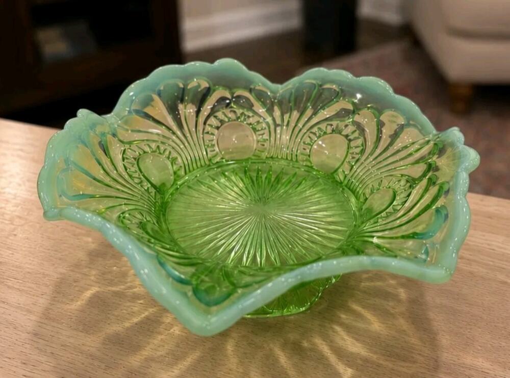 Antique Jefferson Glass 6 Footed Green Opalescent Bowl